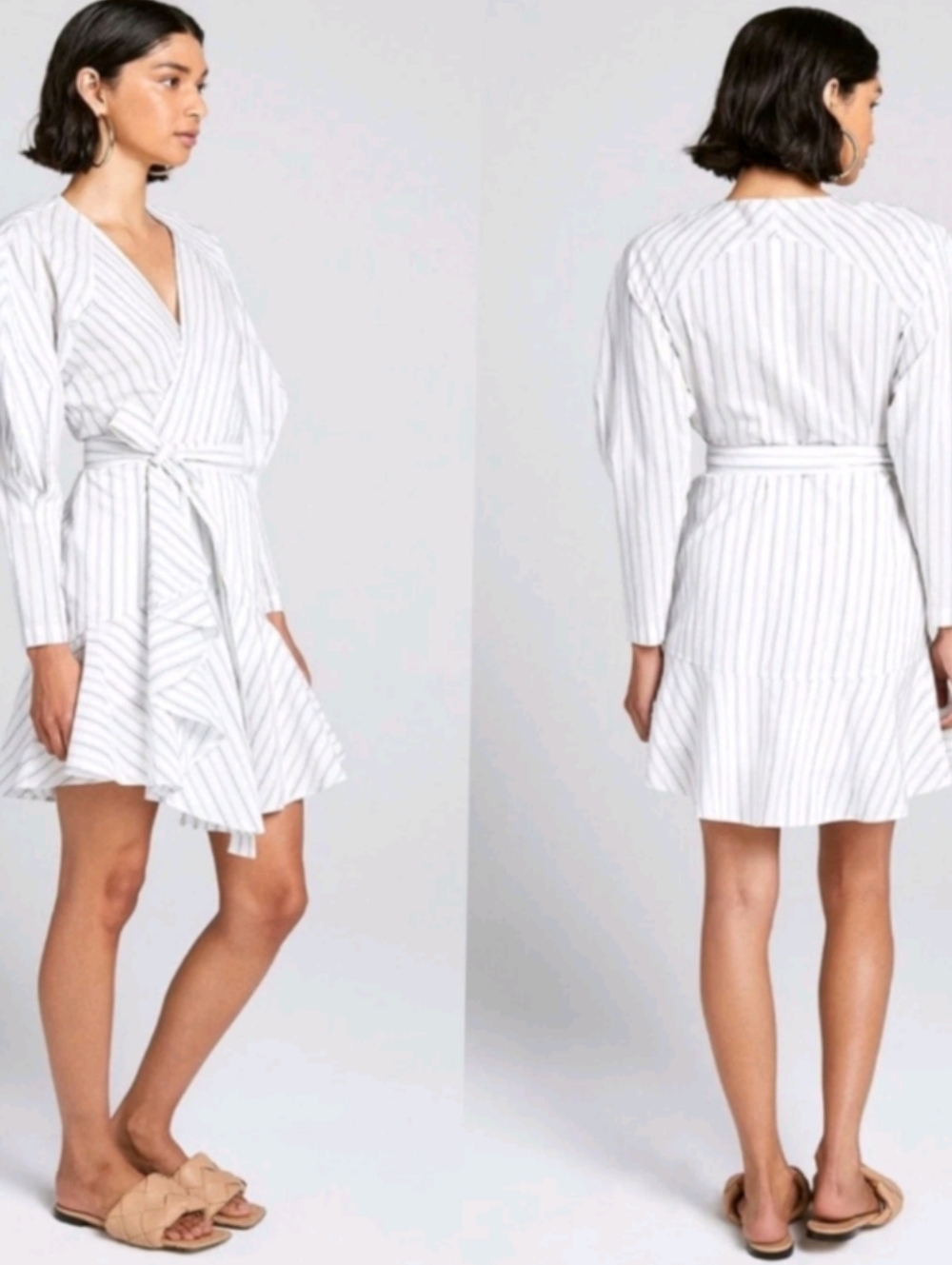 A.L.C. ENZO STRIPED PUFF SLEEVE WRAP DRESS IN WHITE/SALMON